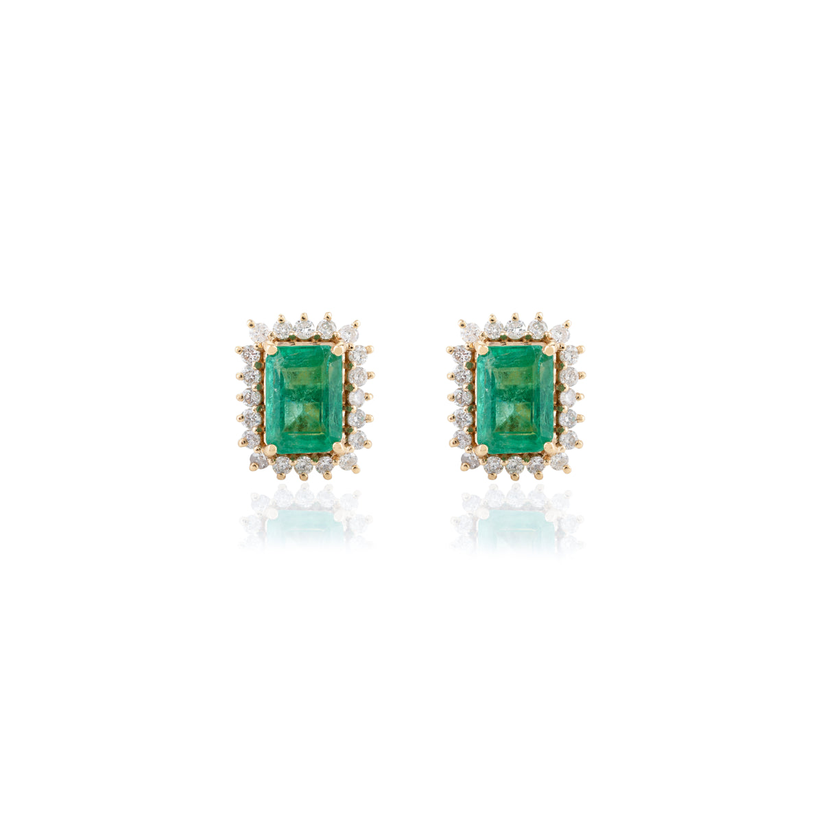 18K Gold Emerald Halo Diamond Stud Earrings