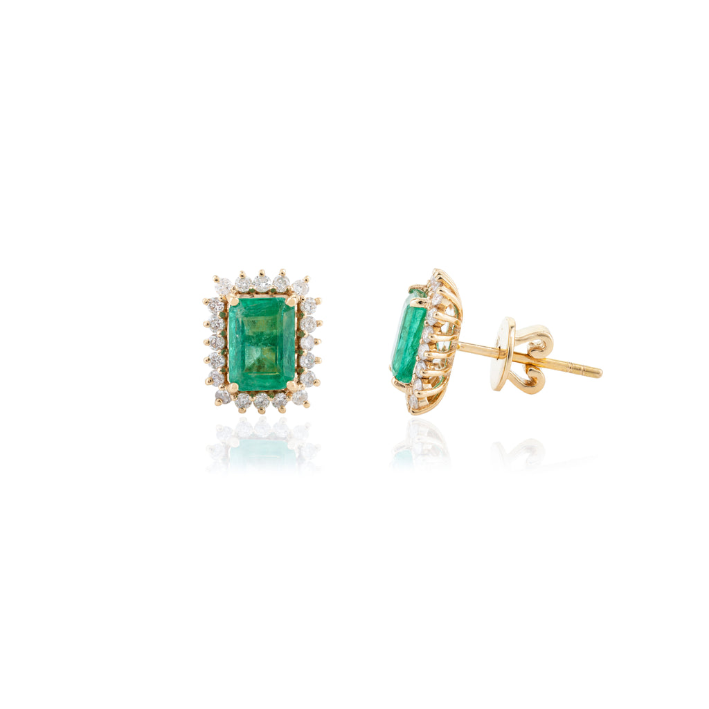 18K Gold Emerald Halo Diamond Stud Earrings Image