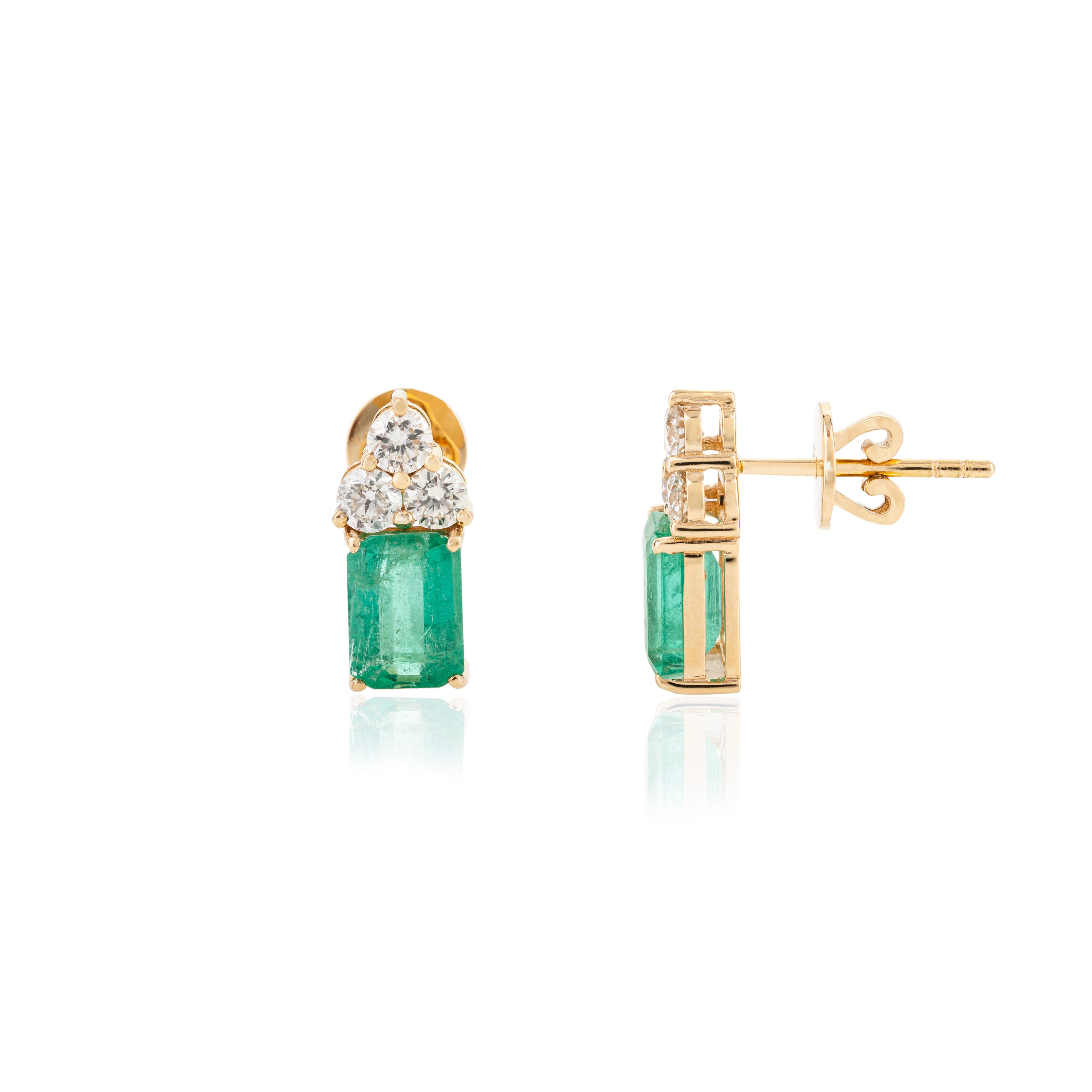 18K Gold Emerald Three Diamond Stud Earrings