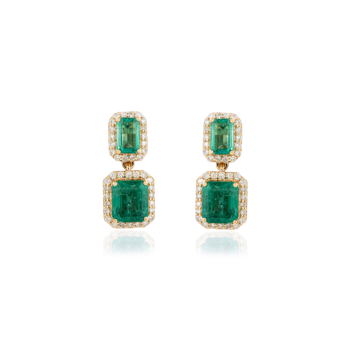 18K Gold Emerald Halo Diamond Dangle Earrings