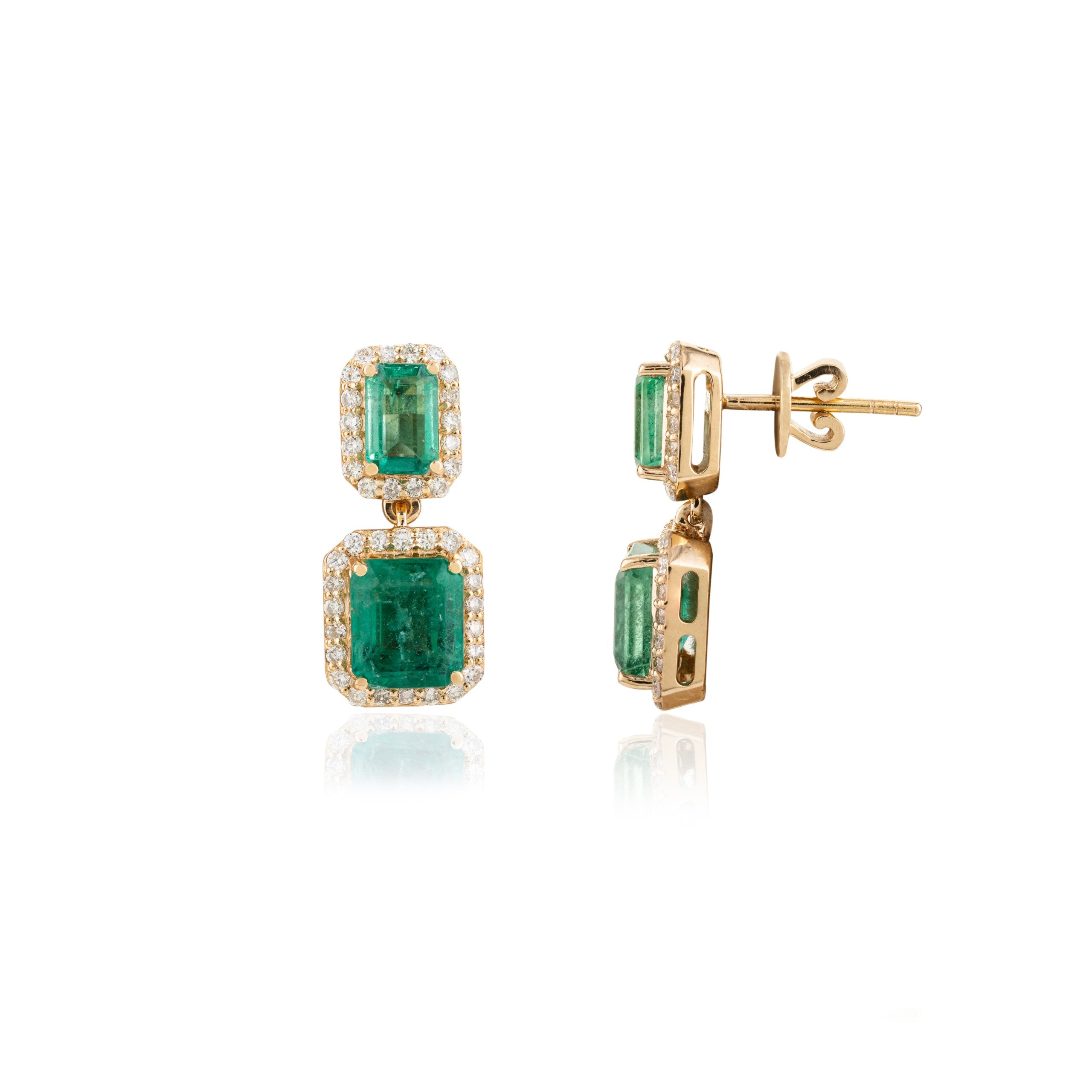 18K Gold Emerald Halo Diamond Dangle Earrings