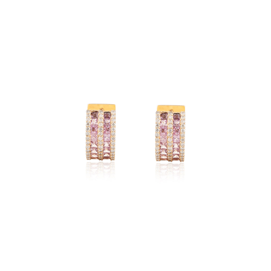 Pink Sapphire & Diamond Huggie Hoop Earring in 18k Gold Image