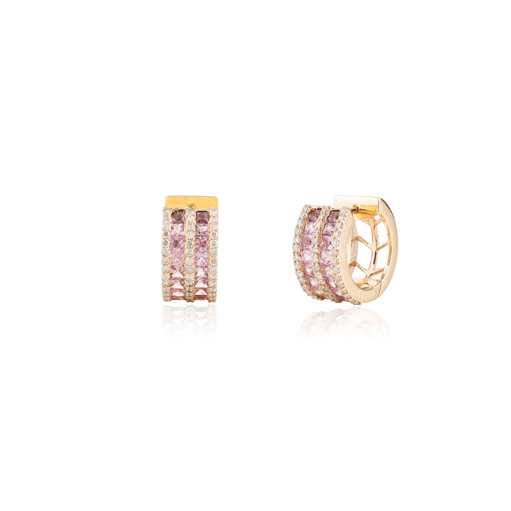 Pink Sapphire & Diamond Huggie Hoop Earring in 18k Gold Image