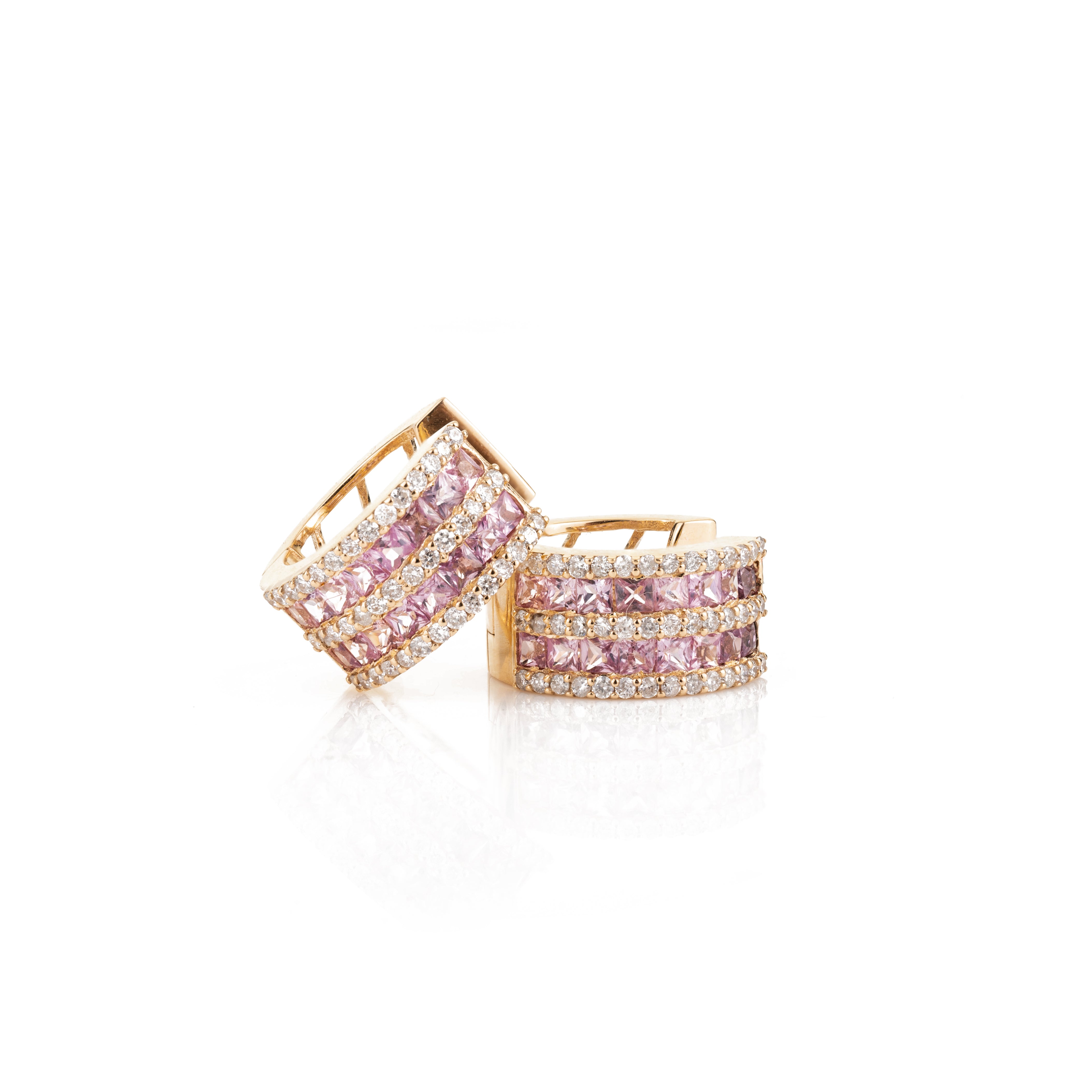 Pink Sapphire & Diamond Huggie Hoop Earring in 18k Gold