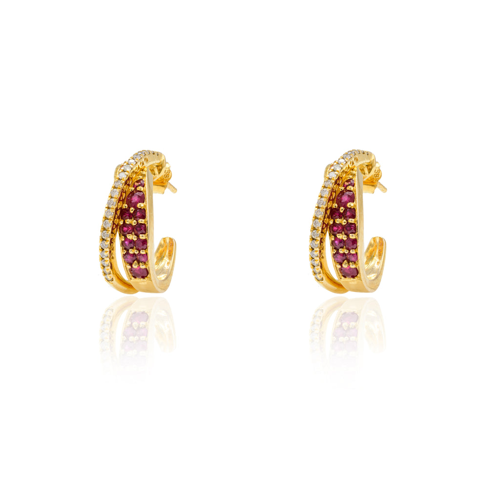 14K Yellow Gold Ruby Diamond Hoops Earrings Image