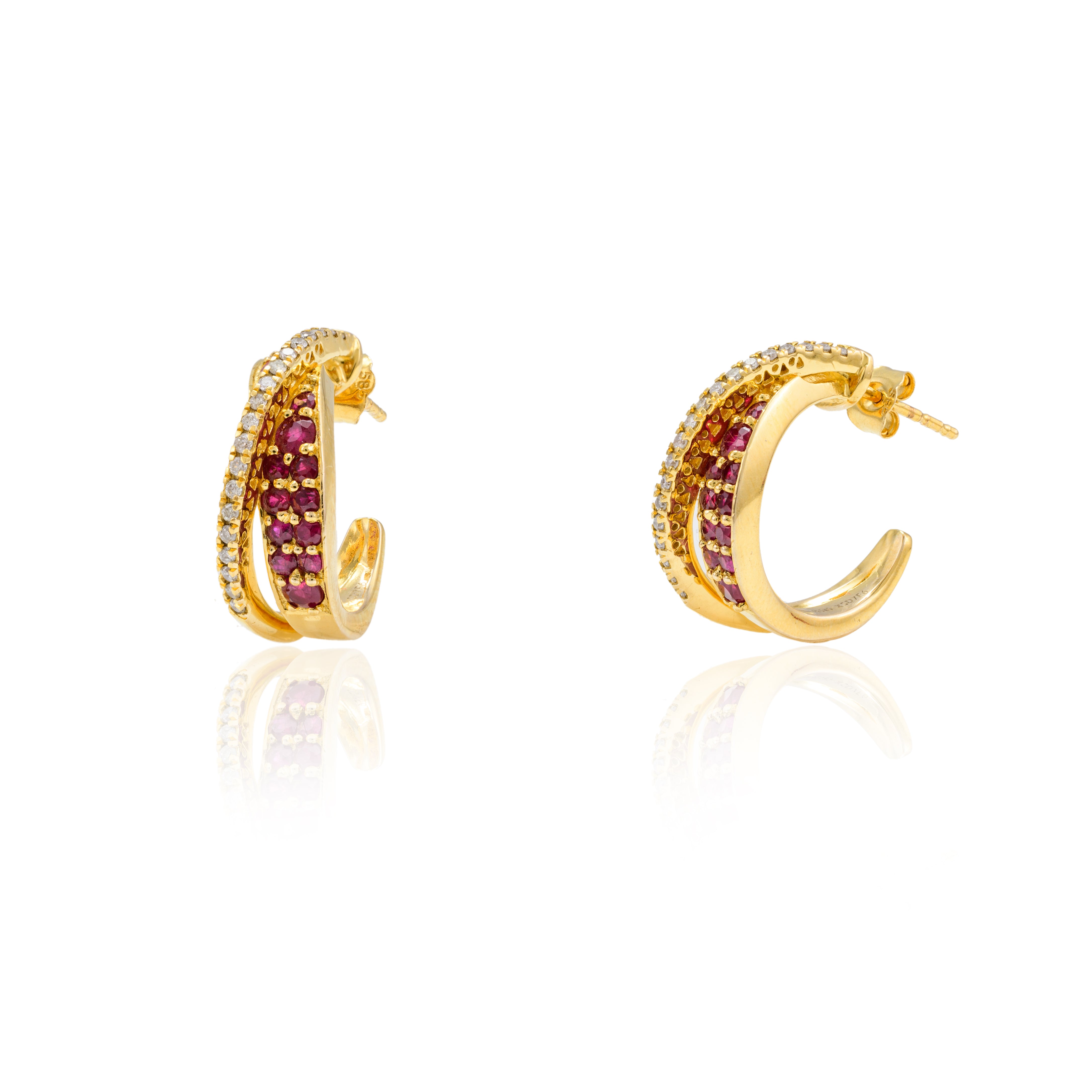 14K Yellow Gold Ruby Diamond Hoops Earrings