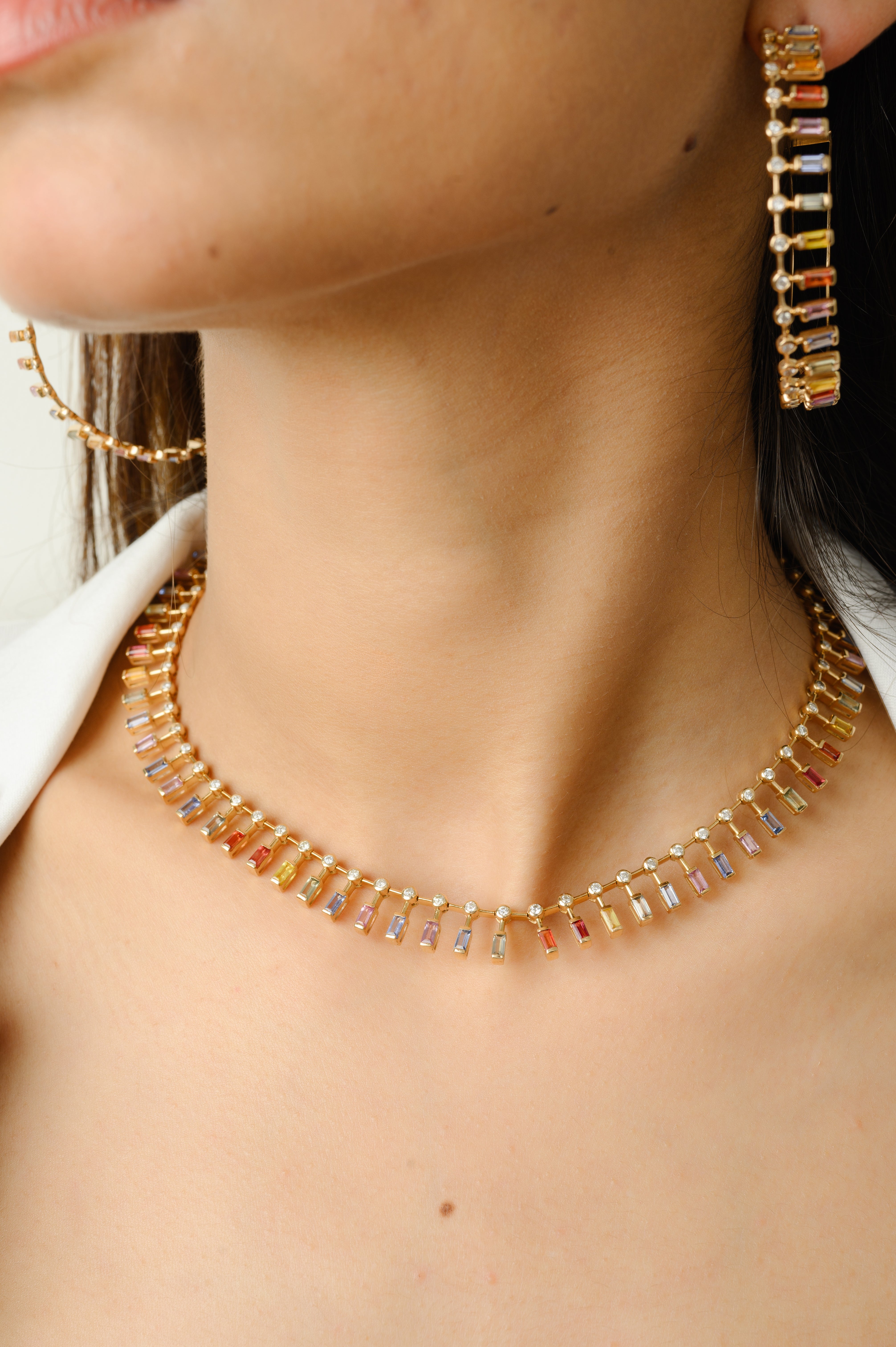 14K Gold Multi Sapphire Choker Necklace