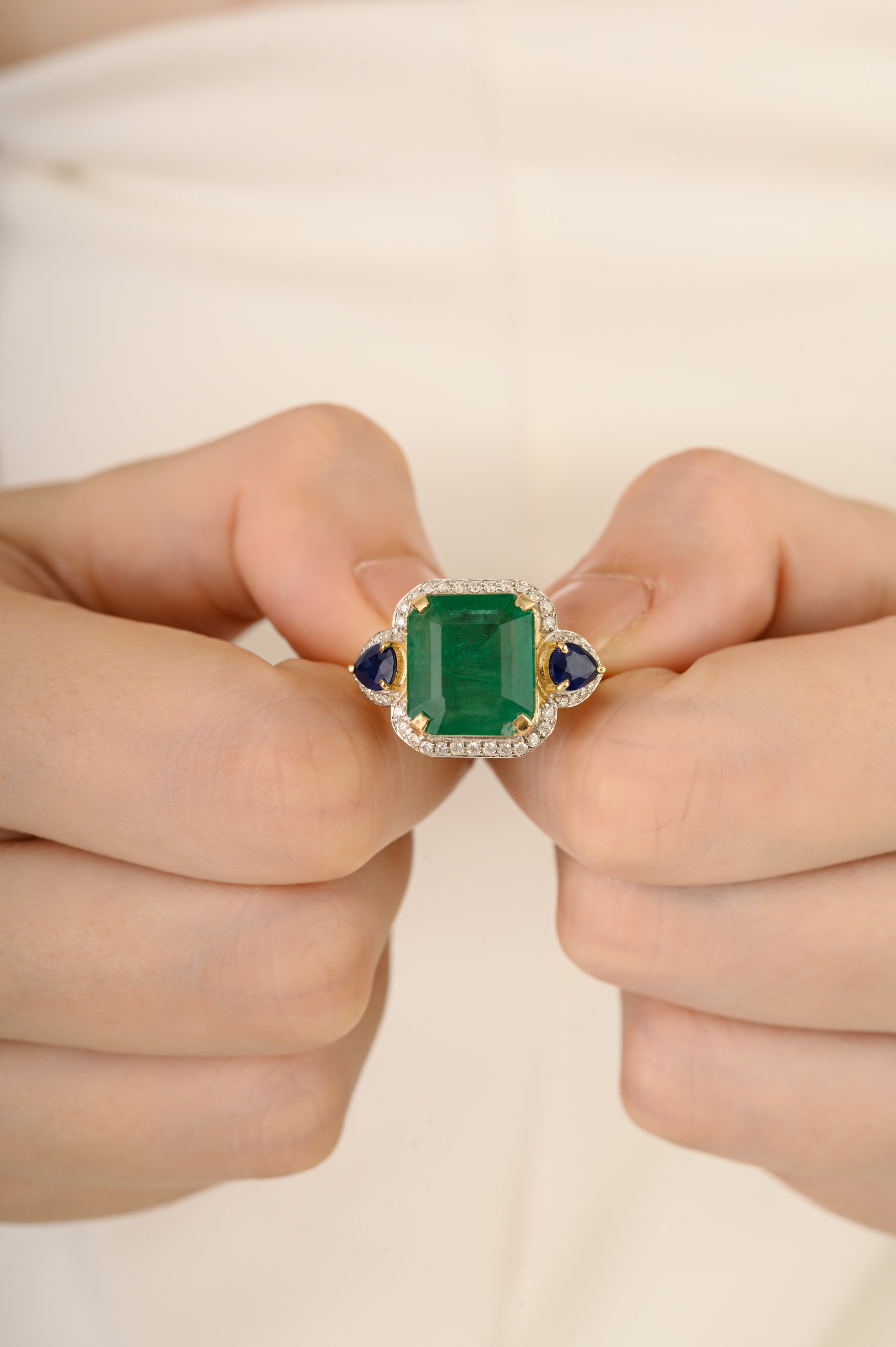 14K Gold 6.53ct Emerald Sapphire & Diamond Statement Cocktail Ring