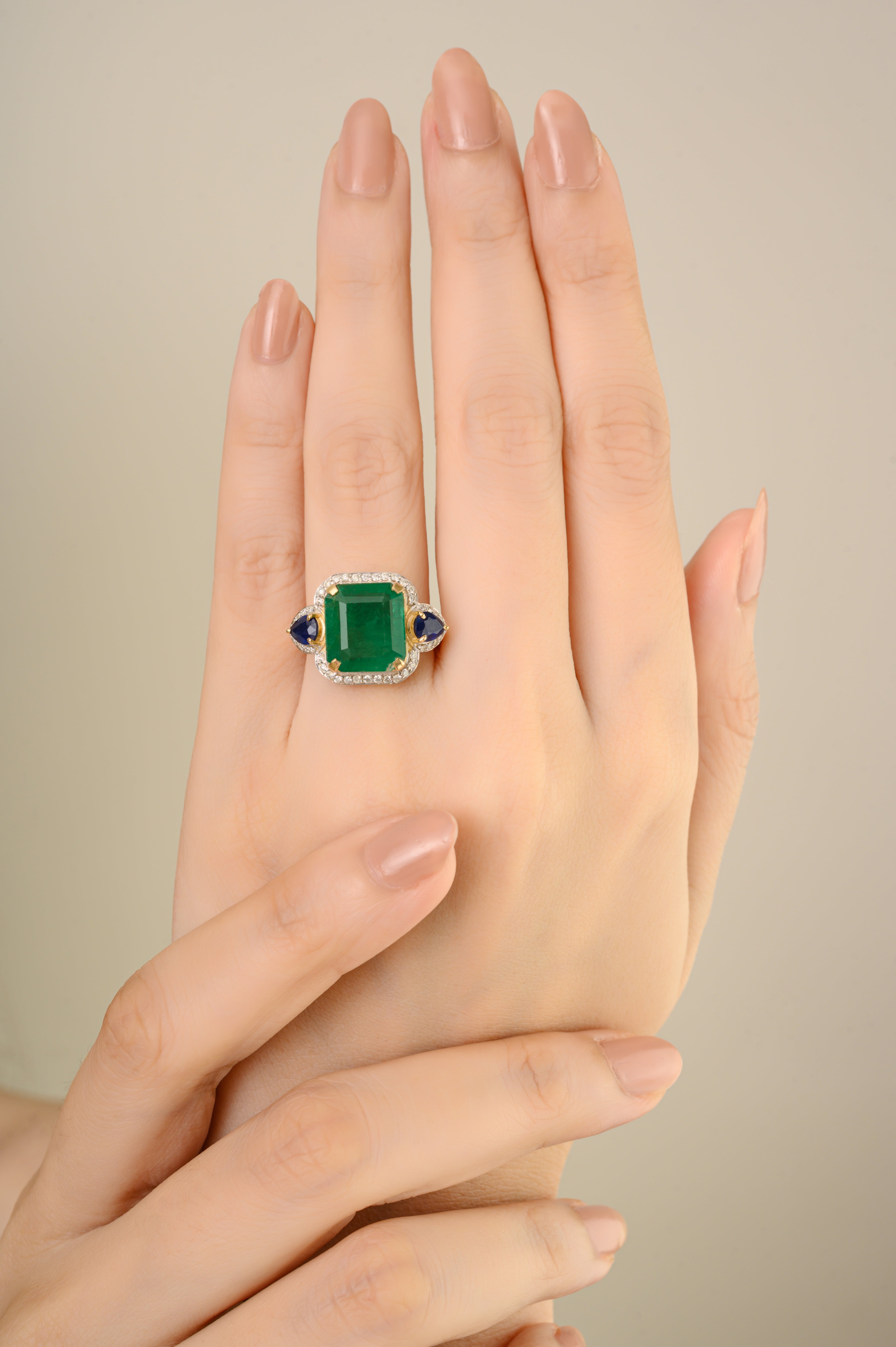 14K Gold 6.53ct Emerald Sapphire & Diamond Statement Cocktail Ring