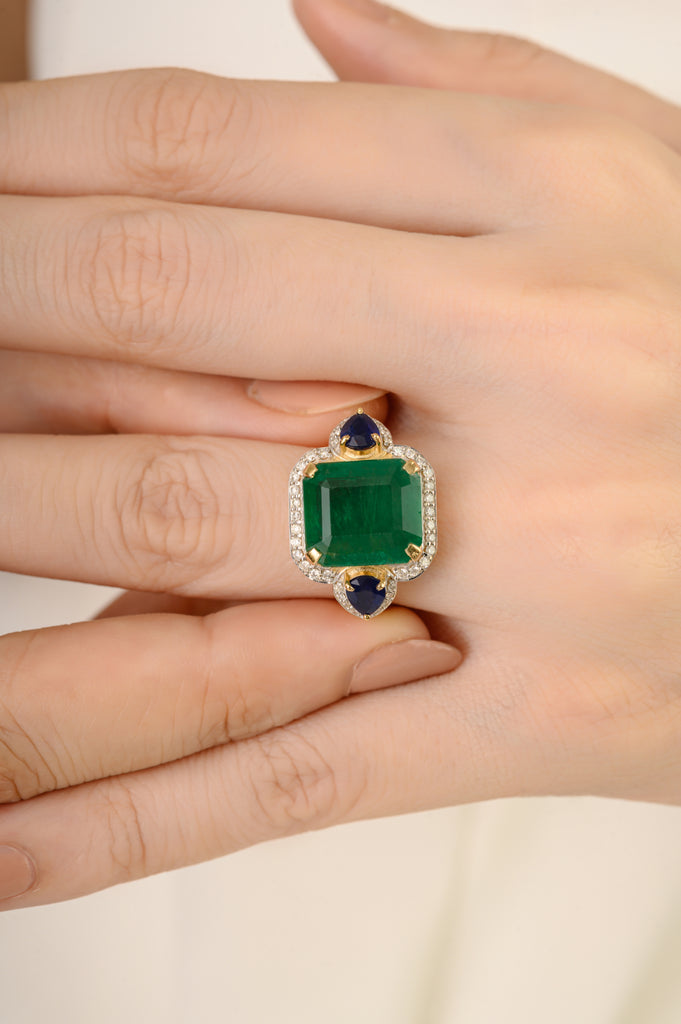 14K Gold 6.53ct Emerald Sapphire & Diamond Statement Cocktail Ring Image
