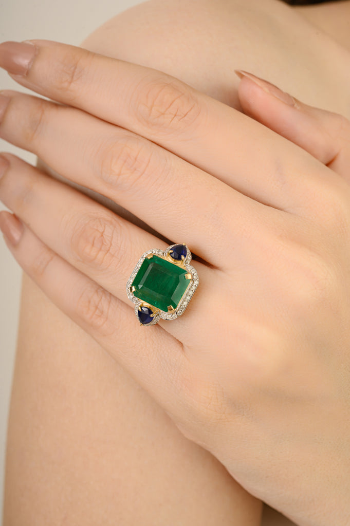 14K Gold 6.53ct Emerald Sapphire & Diamond Statement Cocktail Ring Image