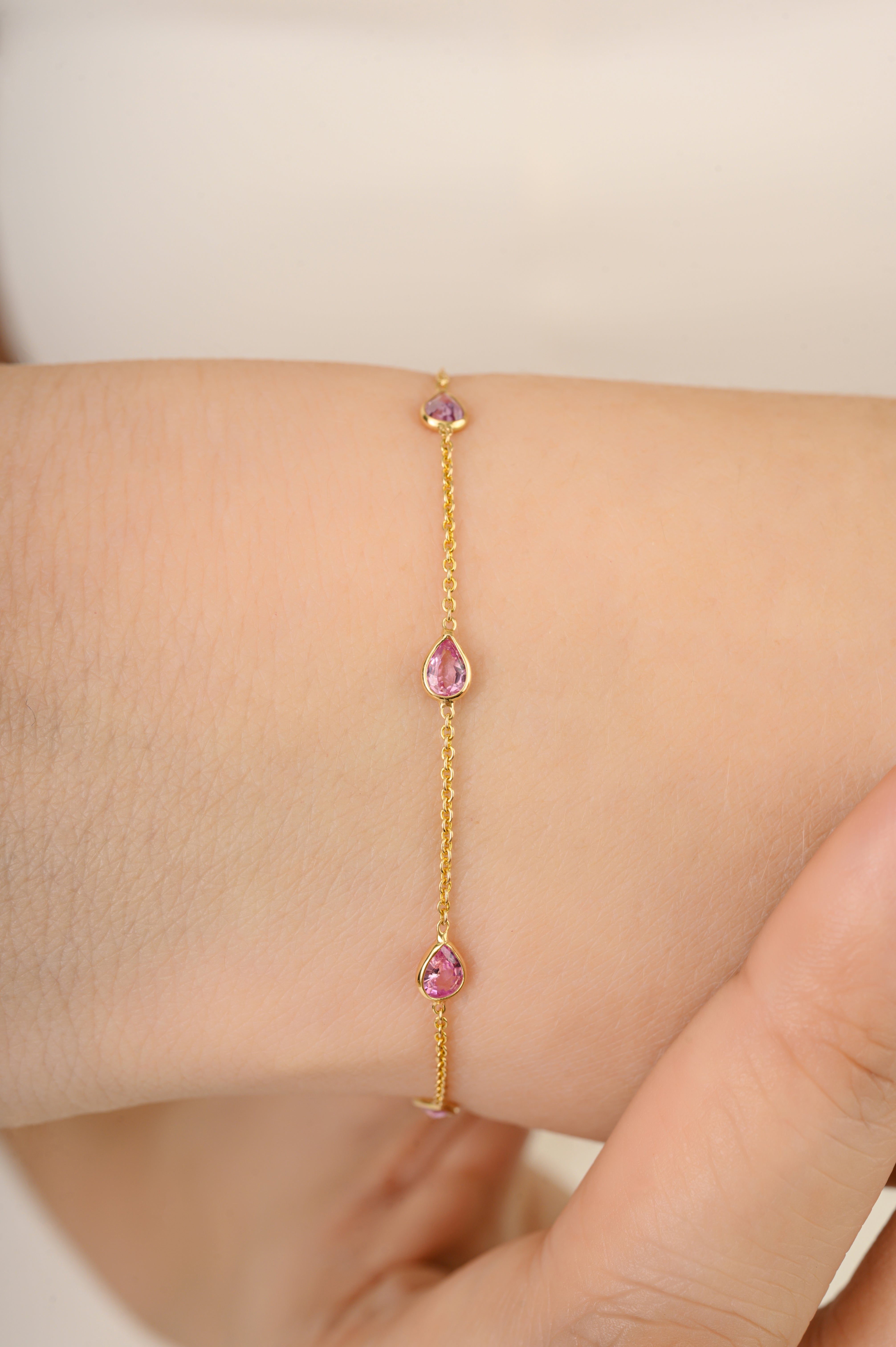 14K Modern 1 Carat Pink Sapphire Station Chain Bracelet