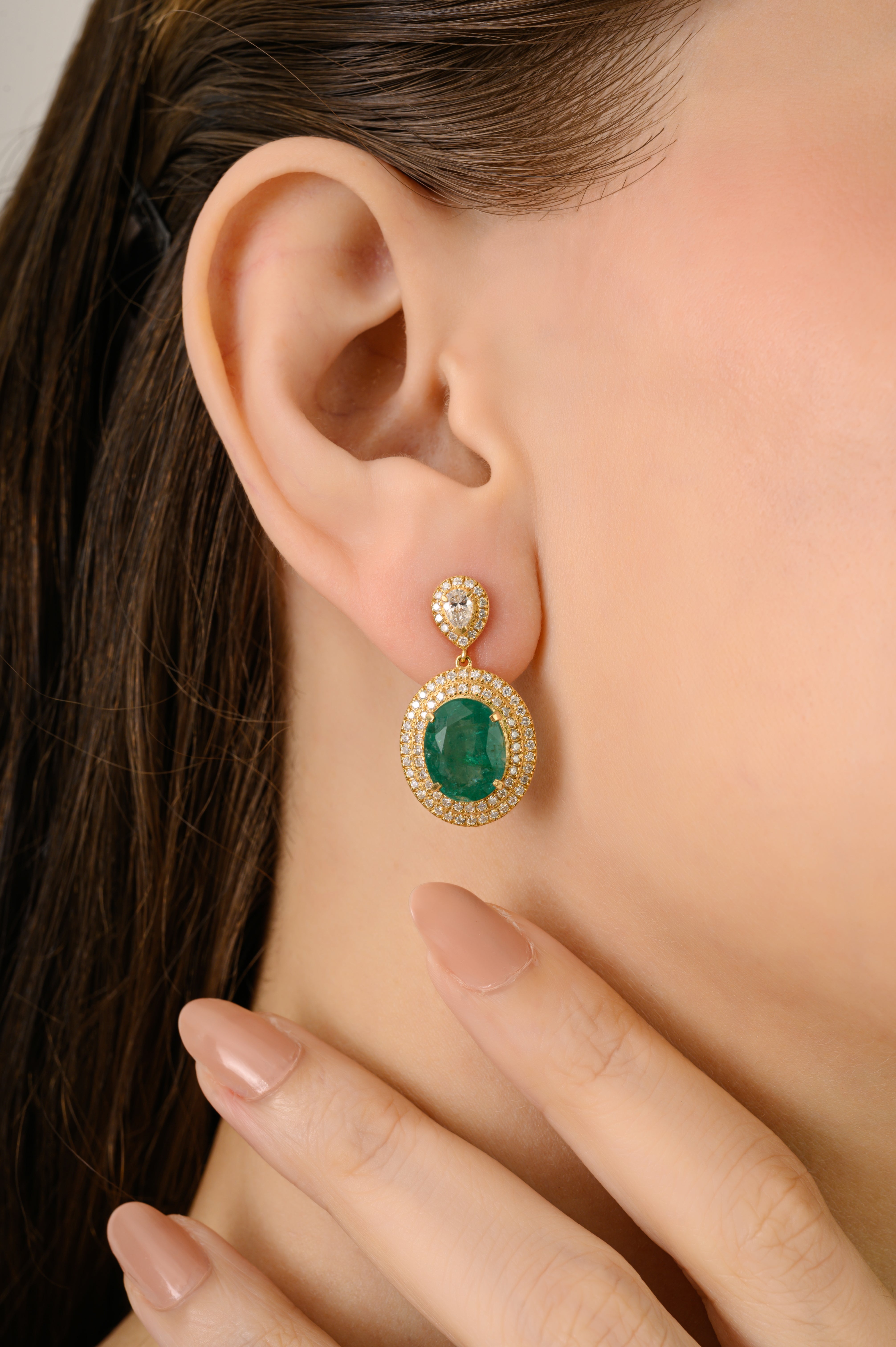 18K Double Halo Cluster Diamond Emerald Drop Earrings
