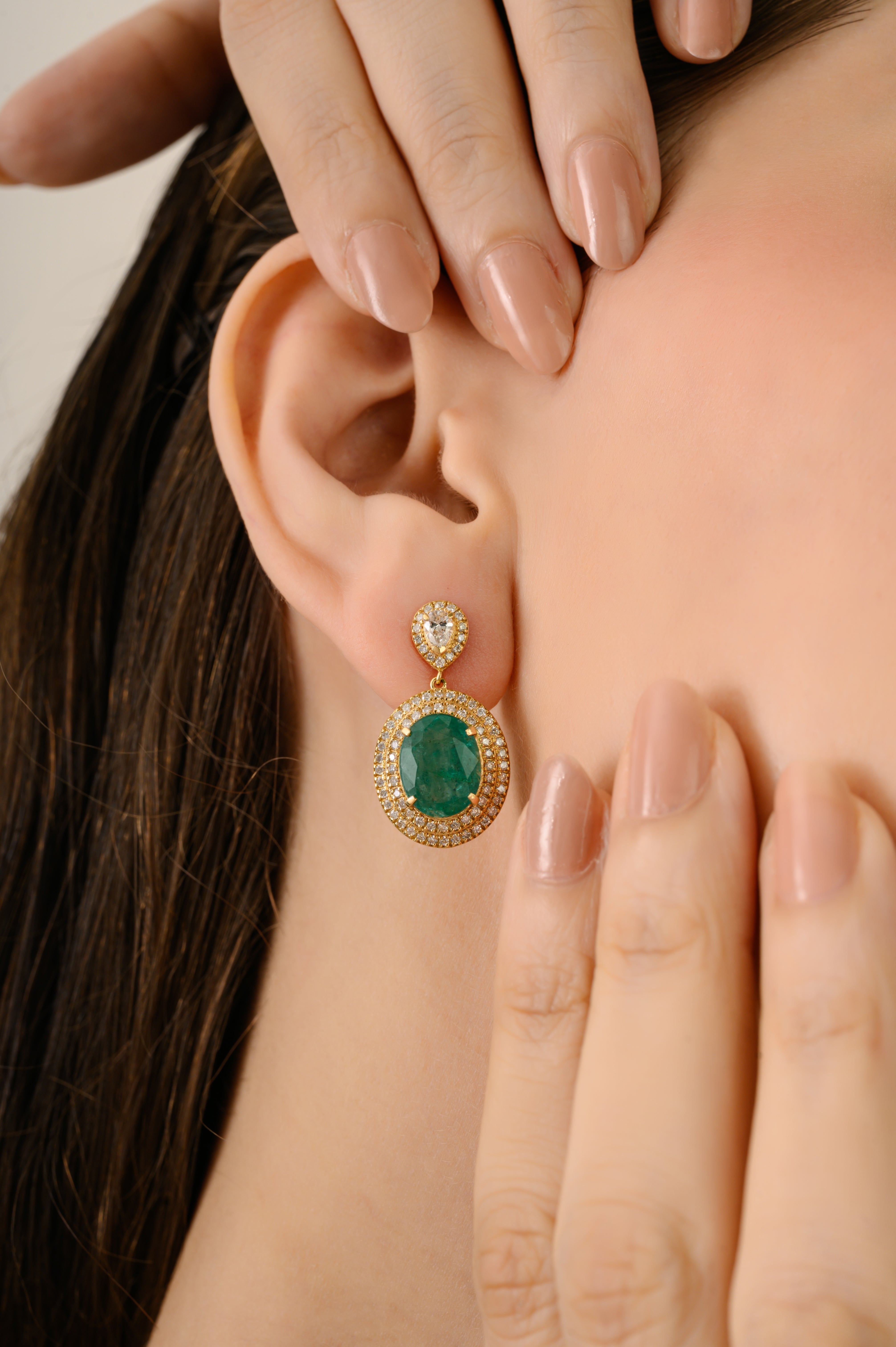 18K Double Halo Cluster Diamond Emerald Drop Earrings