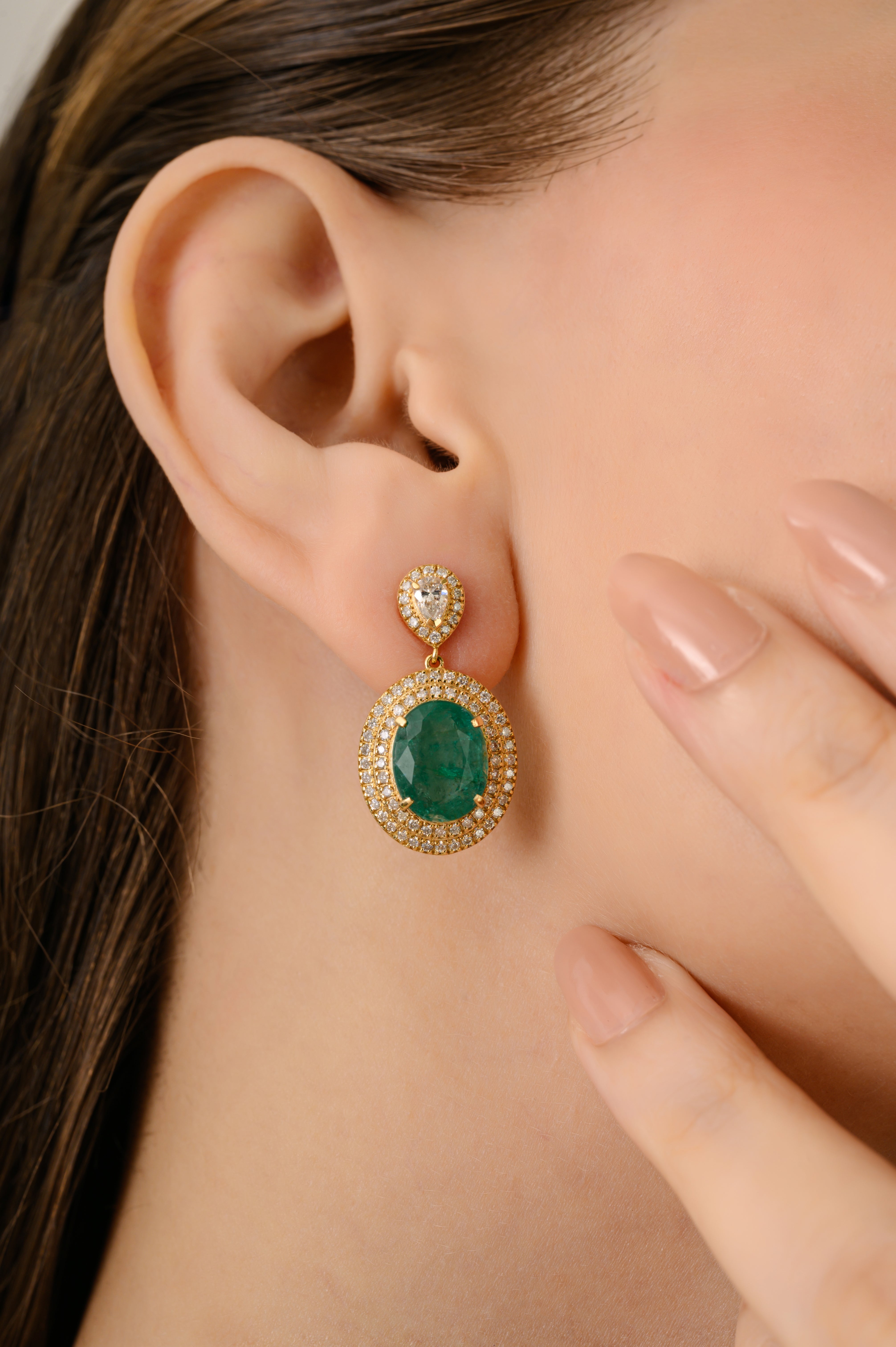 18K Double Halo Cluster Diamond Emerald Drop Earrings