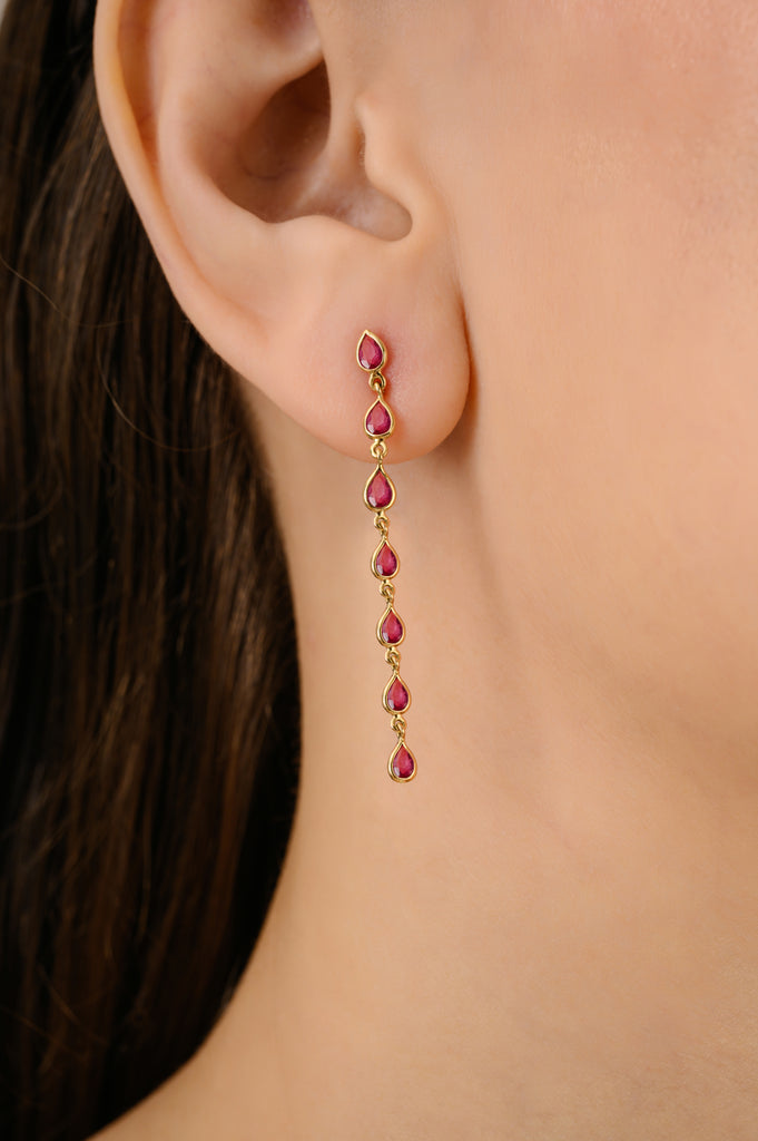 14K Long Pear Cut Ruby Linear Drop Earrings For Dinner Image