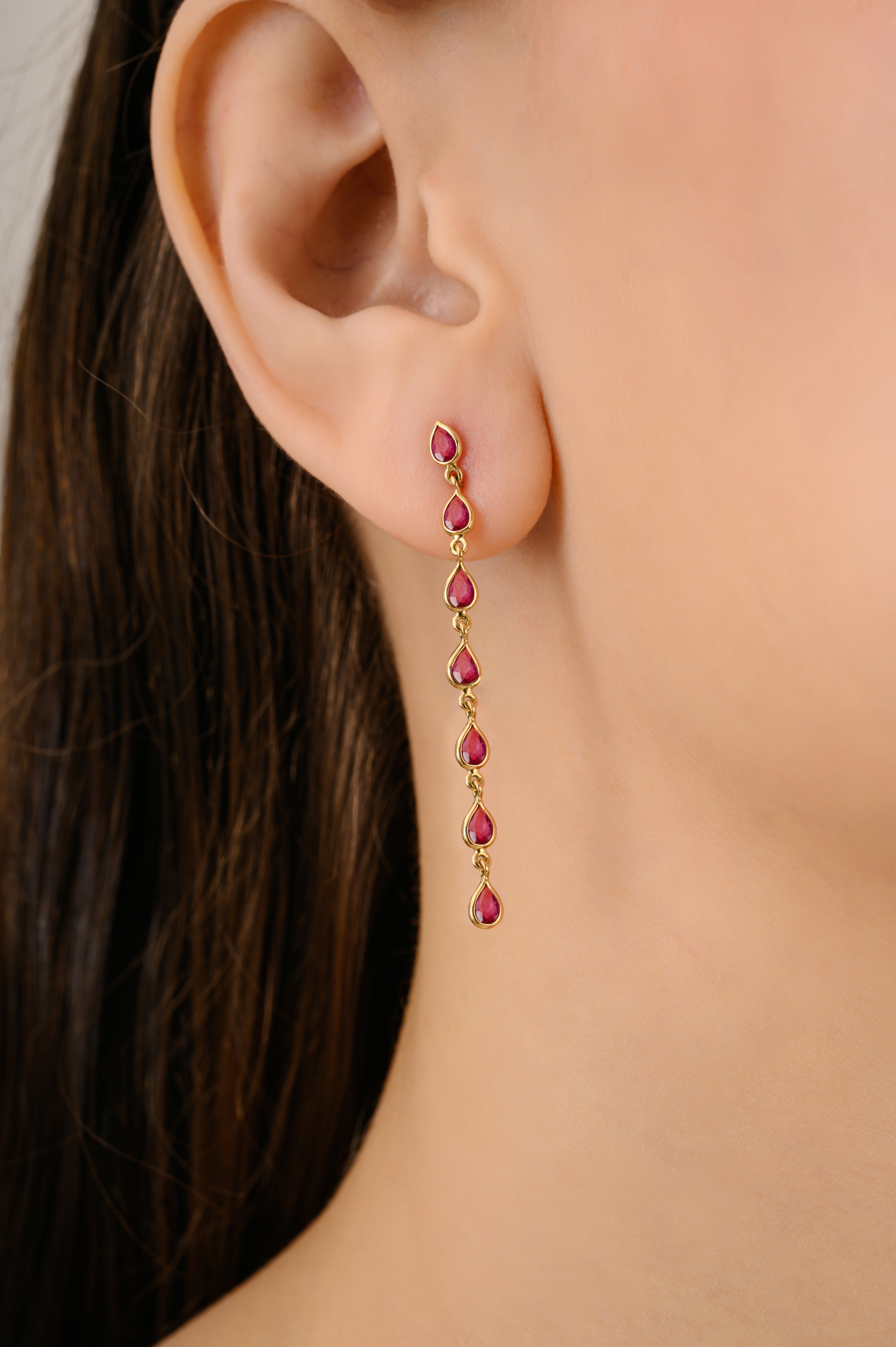 14K Long Pear Cut Ruby Linear Drop Earrings For Dinner