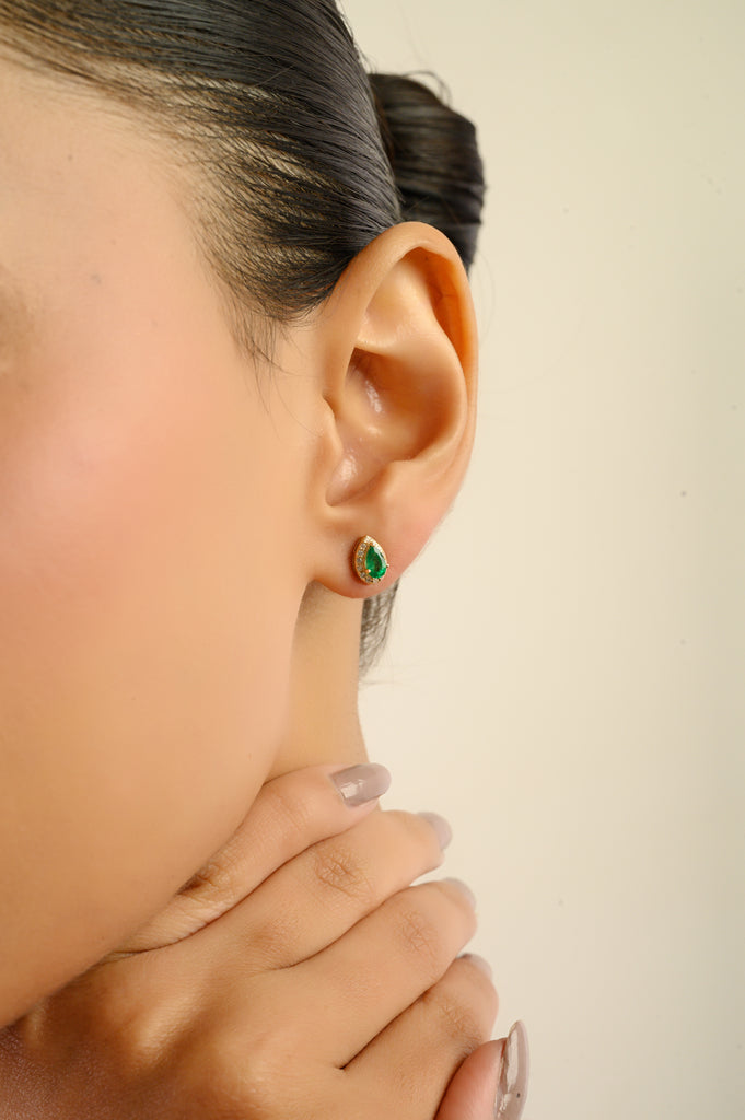 14K Gold Fine Pear Cut Emerald Halo Diamond Stud Earrings For Mom Image