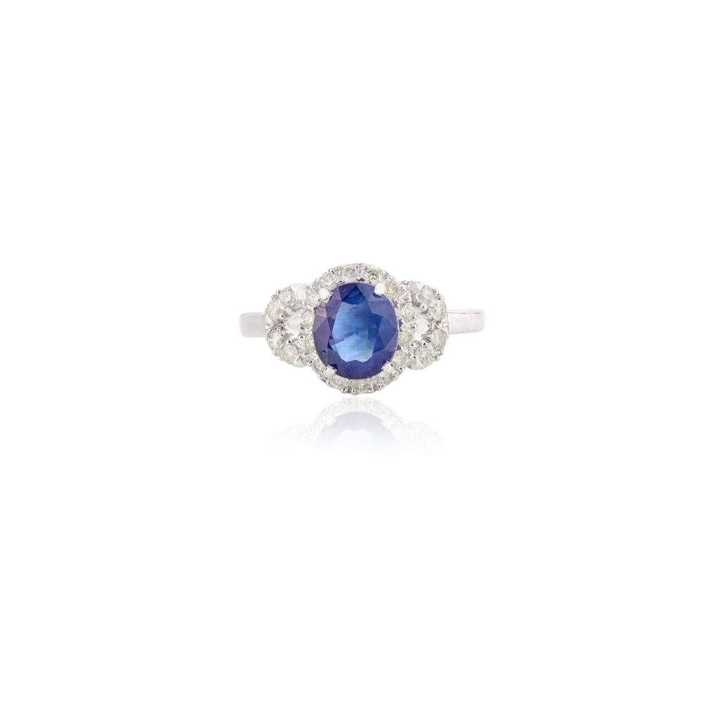 14K Solid White Gold Blue Sapphire Diamond Statement Ring Image