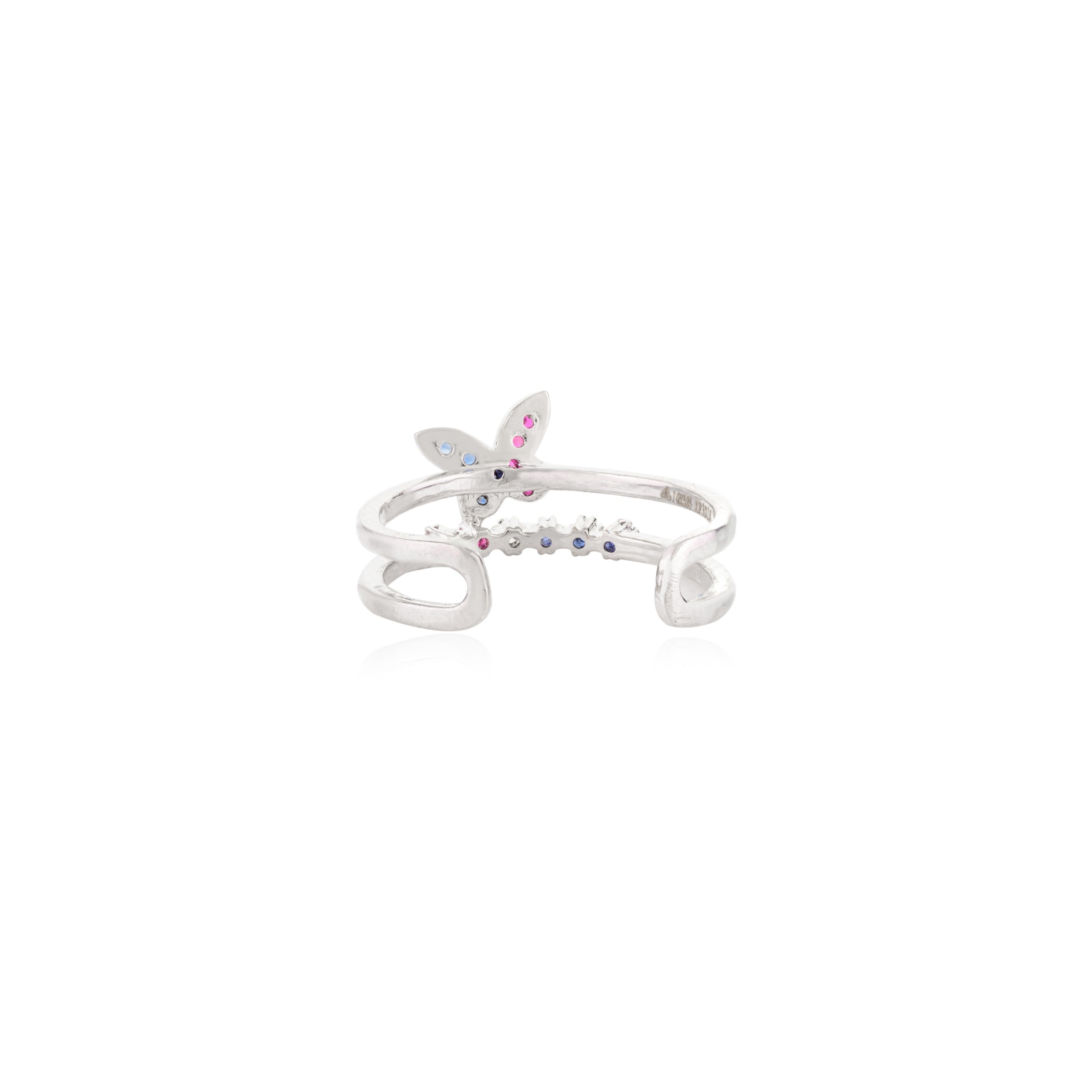14K Solid White Gold Multi Gemstone Butterfly Ring