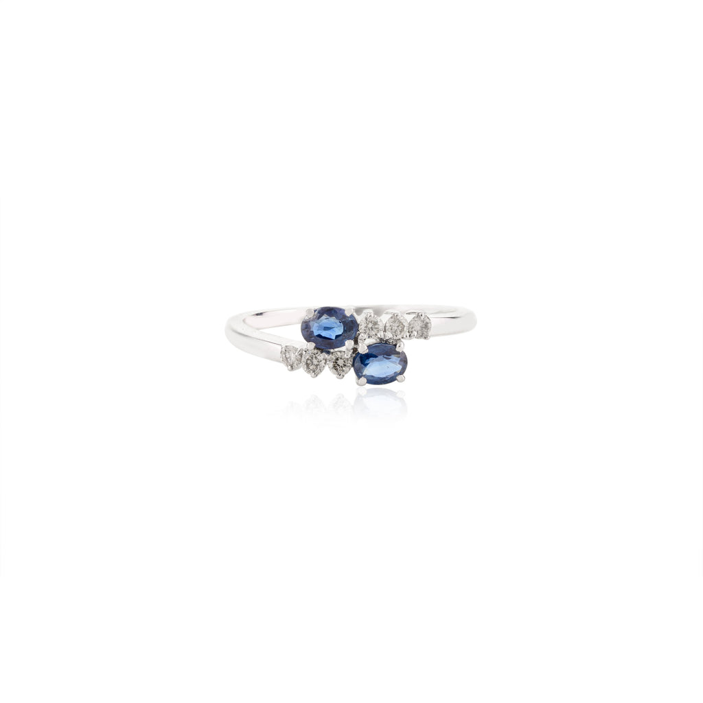 14K Solid White Gold Blue Sapphire Diamond Two Stone Ring Image