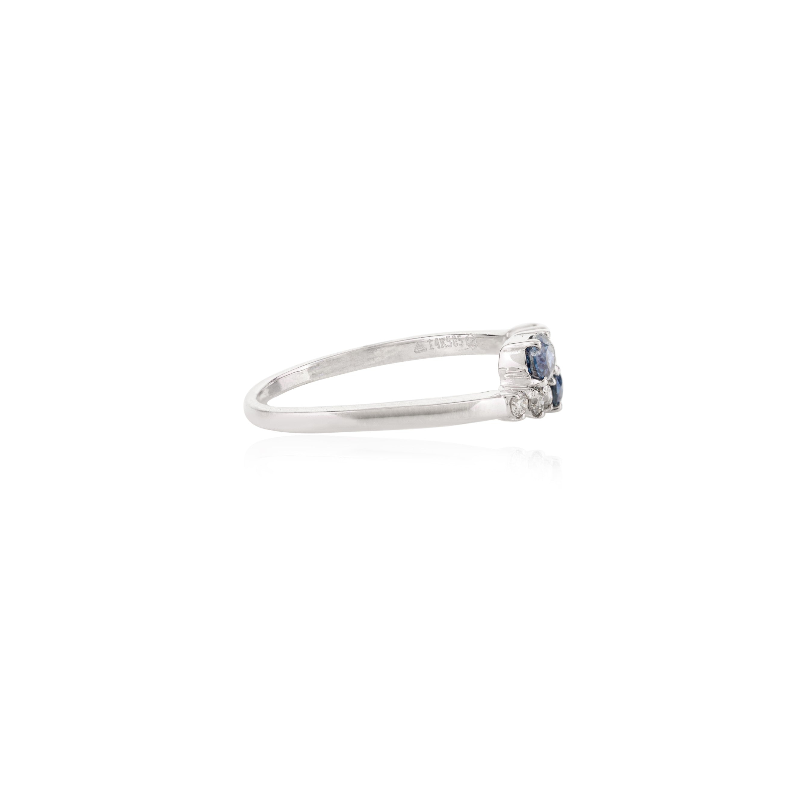 14K Solid White Gold Blue Sapphire Diamond Two Stone Ring