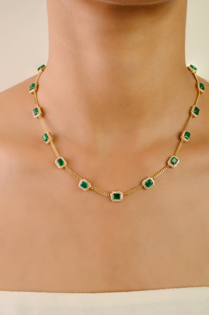 14K Gold Octagon 6.2 Ct Emerald & Diamond Halo Vintage Necklace Image