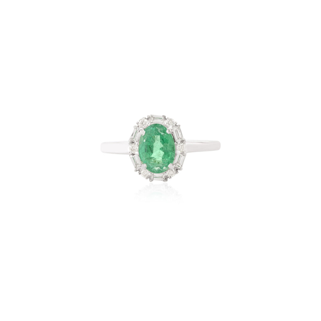 14K Solid White Gold Emerald Halo Diamond Ring Image