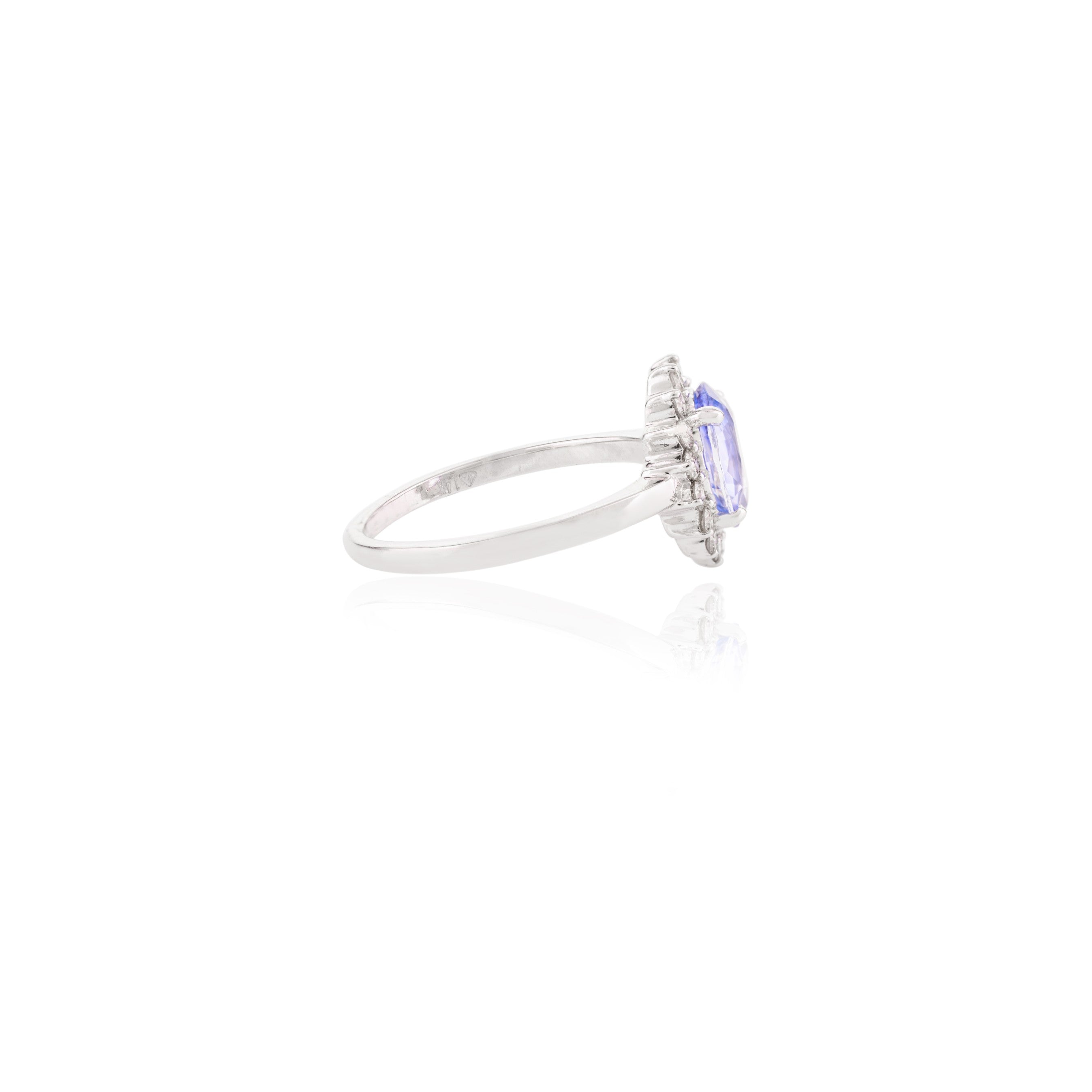 14K Solid White Gold Sapphire Halo Diamond Ring