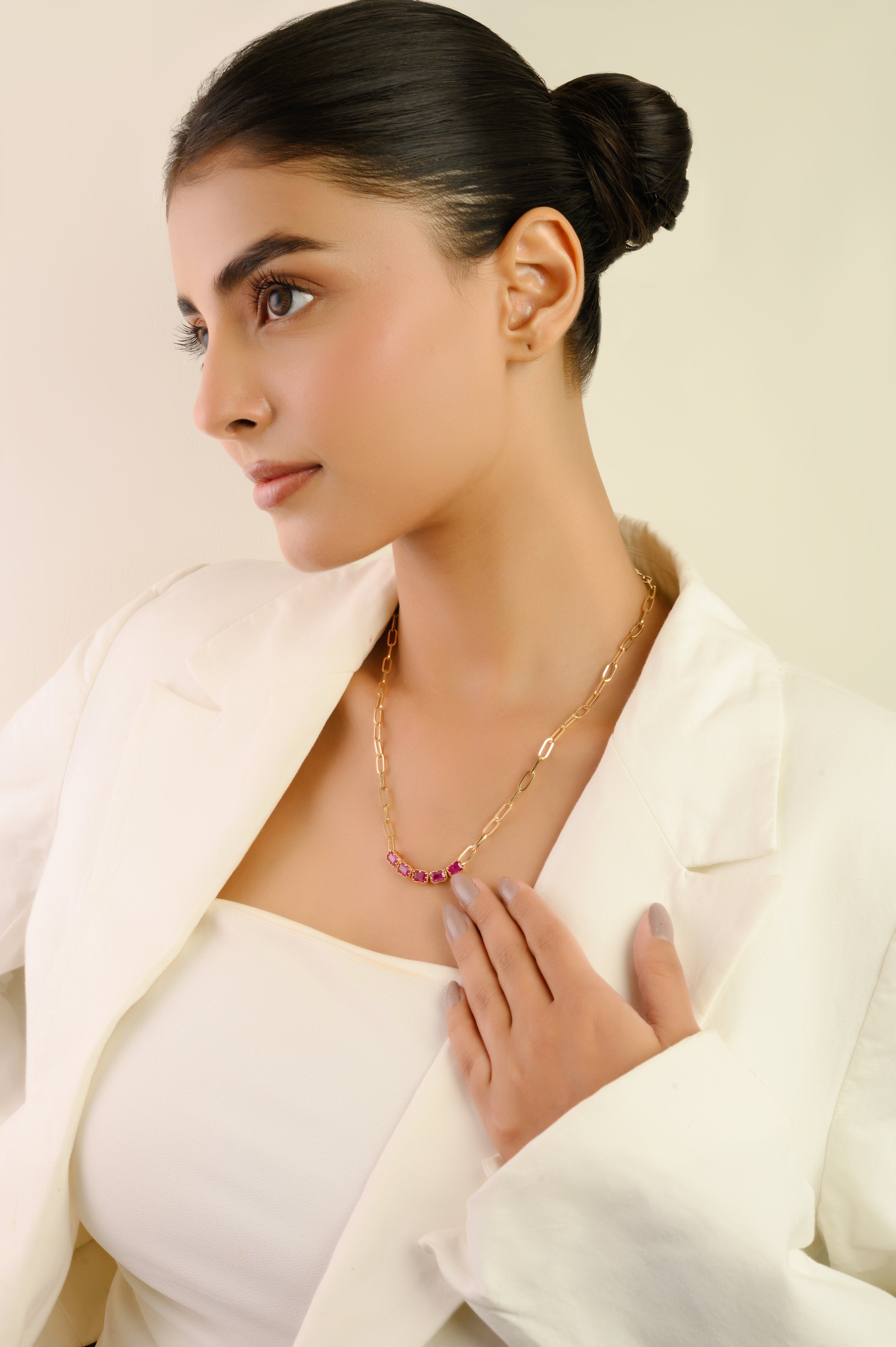 18K Perperclip Chain Ruby Statement Necklace For Her