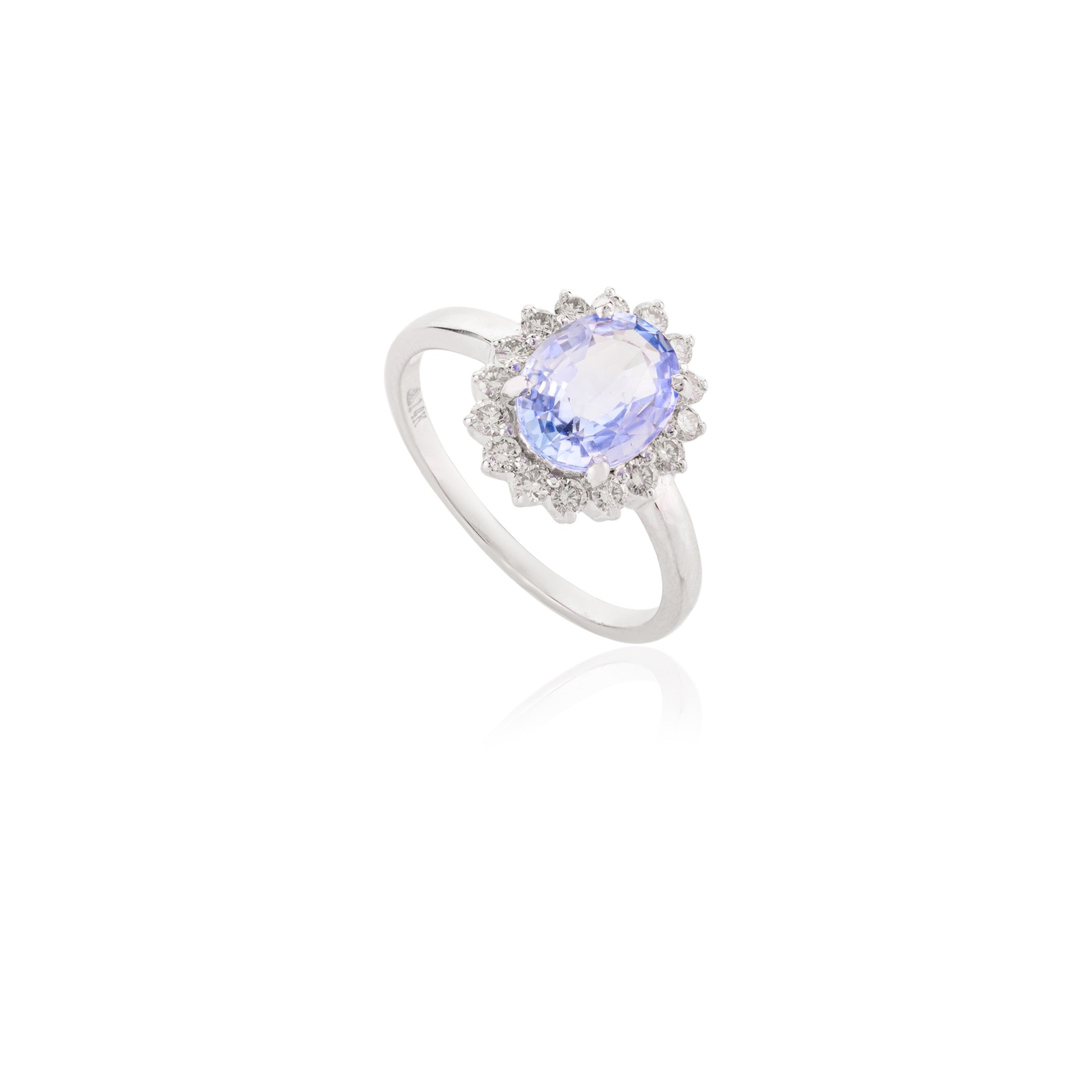 14K Solid White Gold Sapphire Halo Diamond Ring