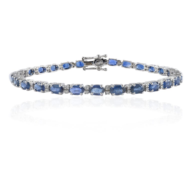 14K Solid Gold Blue Sapphire Diamond Tennis Bracelet Image