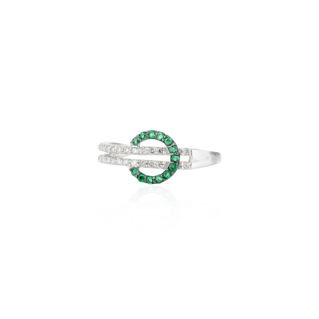 18K Solid White Gold Belt Buckle Ring In Emerald & Diamond Image