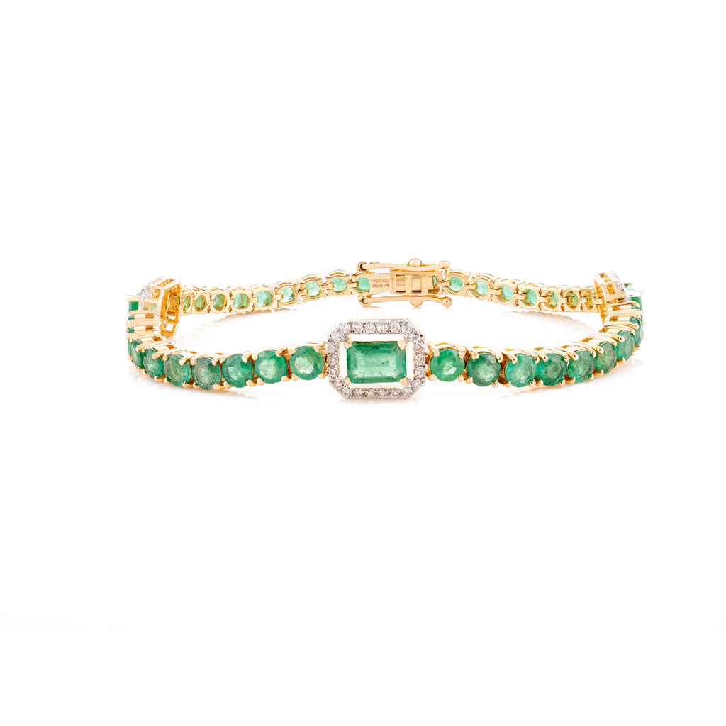 14K Solid Yellow Gold Emerald Diamond Bracelet Image