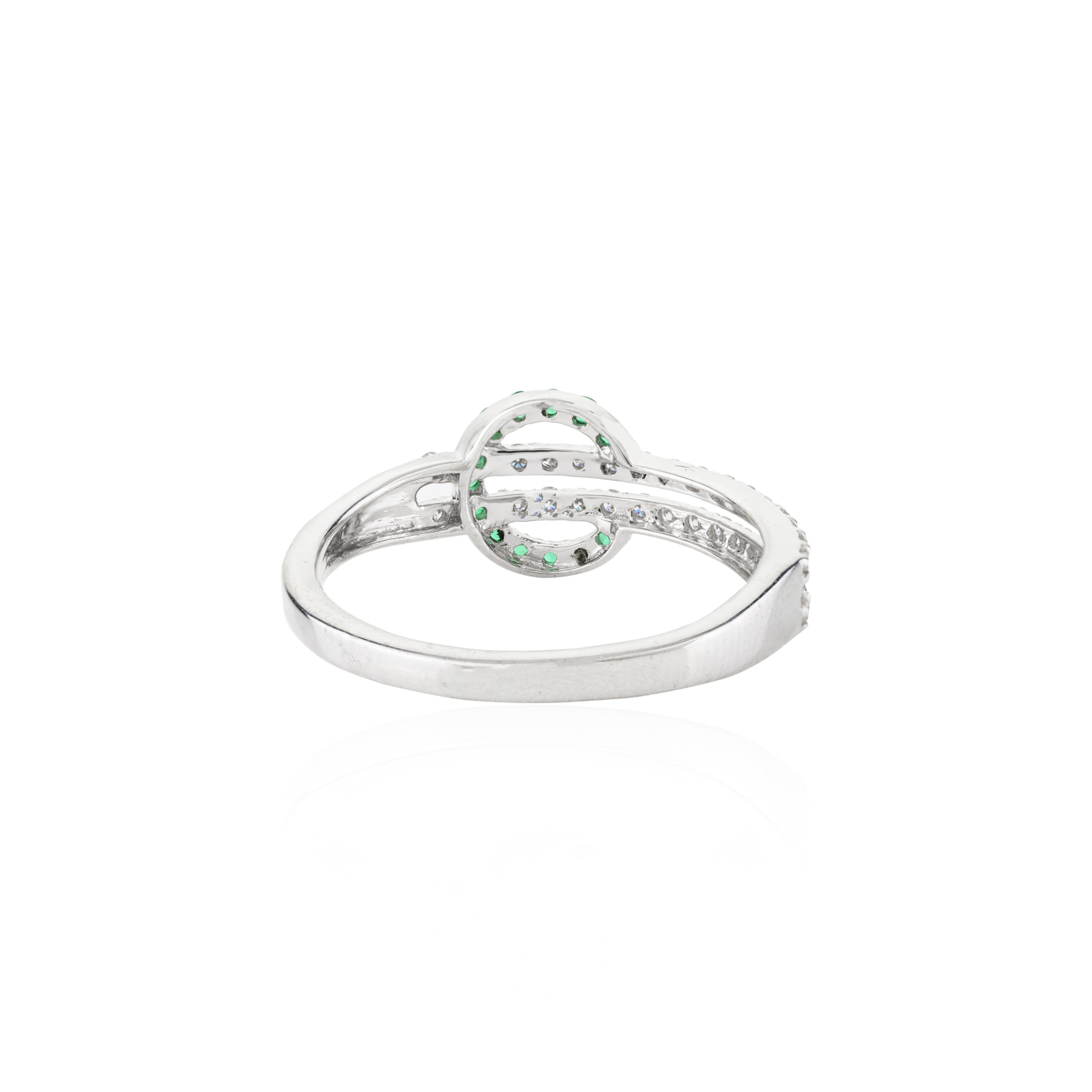 18K Solid White Gold Belt Buckle Ring In Emerald & Diamond