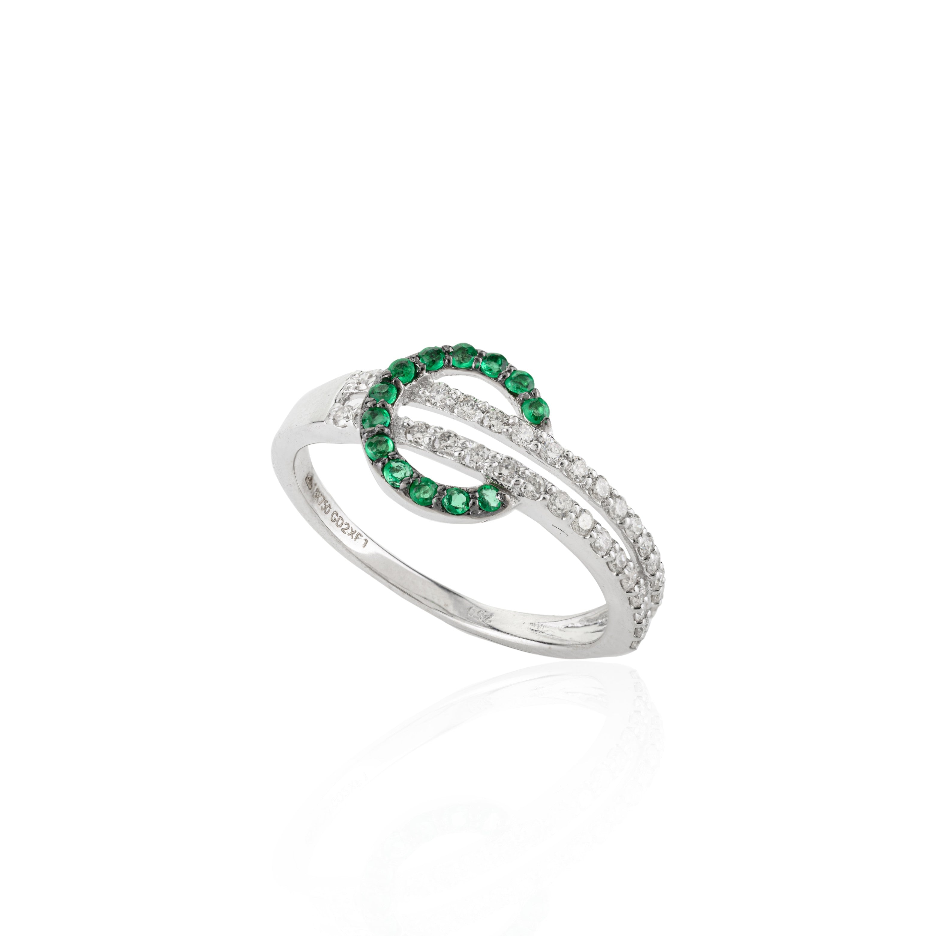 18K Solid White Gold Belt Buckle Ring In Emerald & Diamond