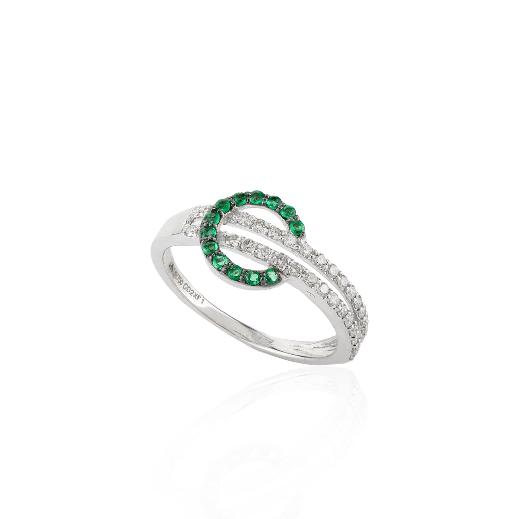 18K Solid White Gold Belt Buckle Ring In Emerald & Diamond Image