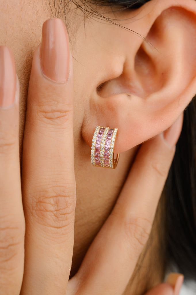 Pink Sapphire & Diamond Huggie Hoop Earring in 18k Gold Image