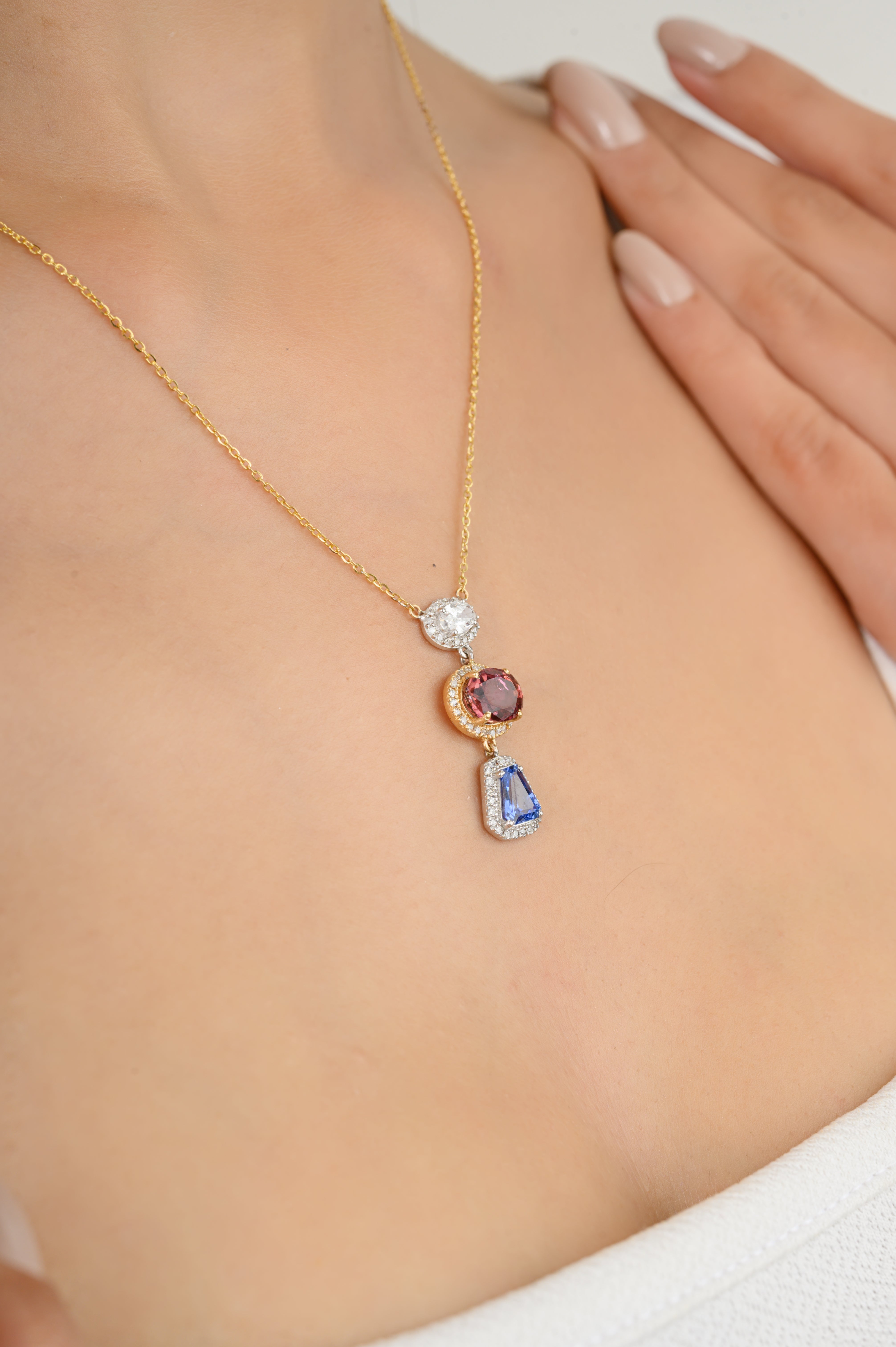 18K Yellow Gold Multi Gemstone Pendant Necklace