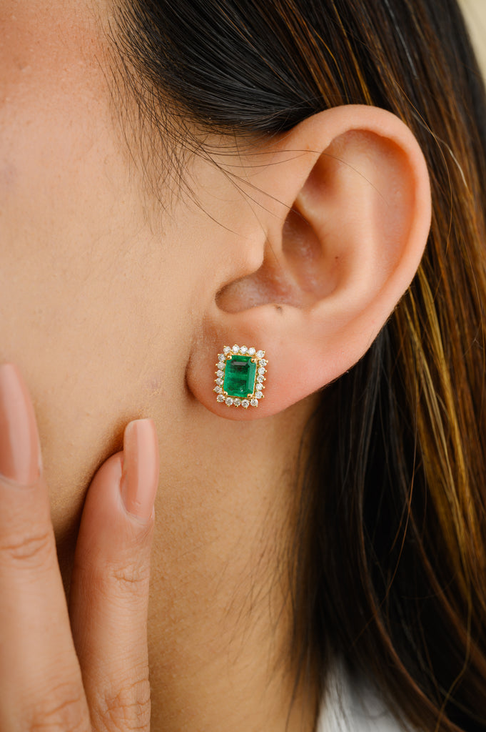 18K Gold Emerald Halo Diamond Stud Earrings Image