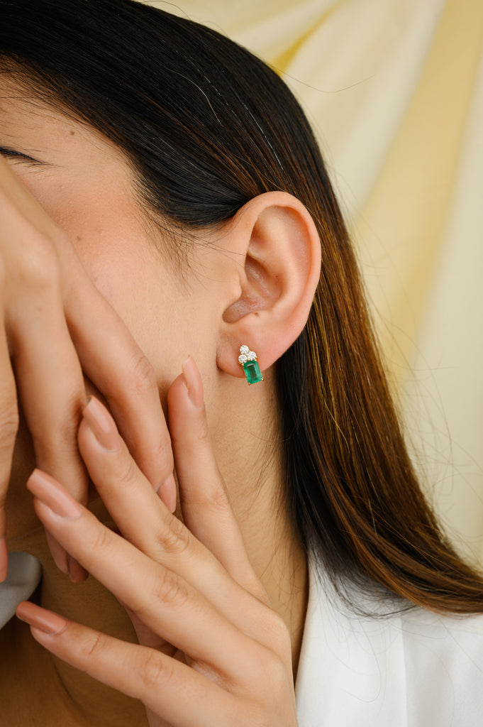 18K Gold Emerald Three Diamond Stud Earrings Image