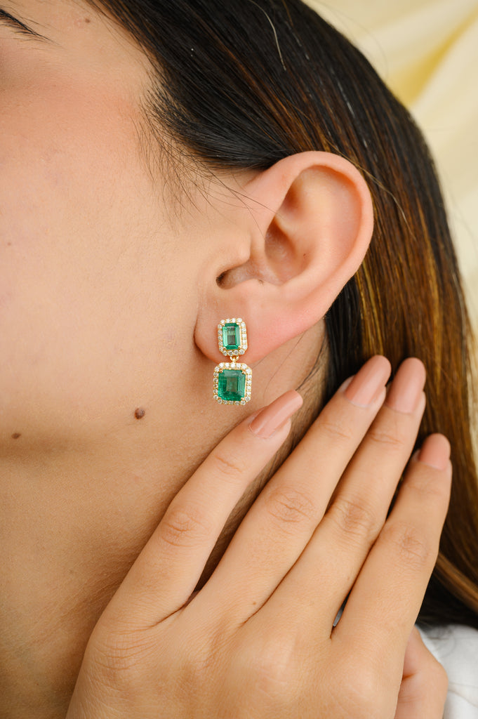 18K Gold Emerald Halo Diamond Dangle Earrings Image
