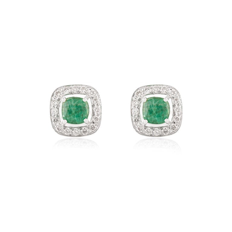 14K Solid White Gold Emerald Halo Diamond Halo Stud Earrings - 2 Pieces