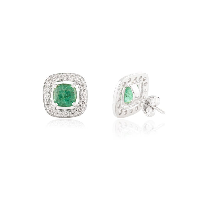 14K Solid White Gold Emerald Halo Diamond Halo Stud Earrings - 2 Pieces