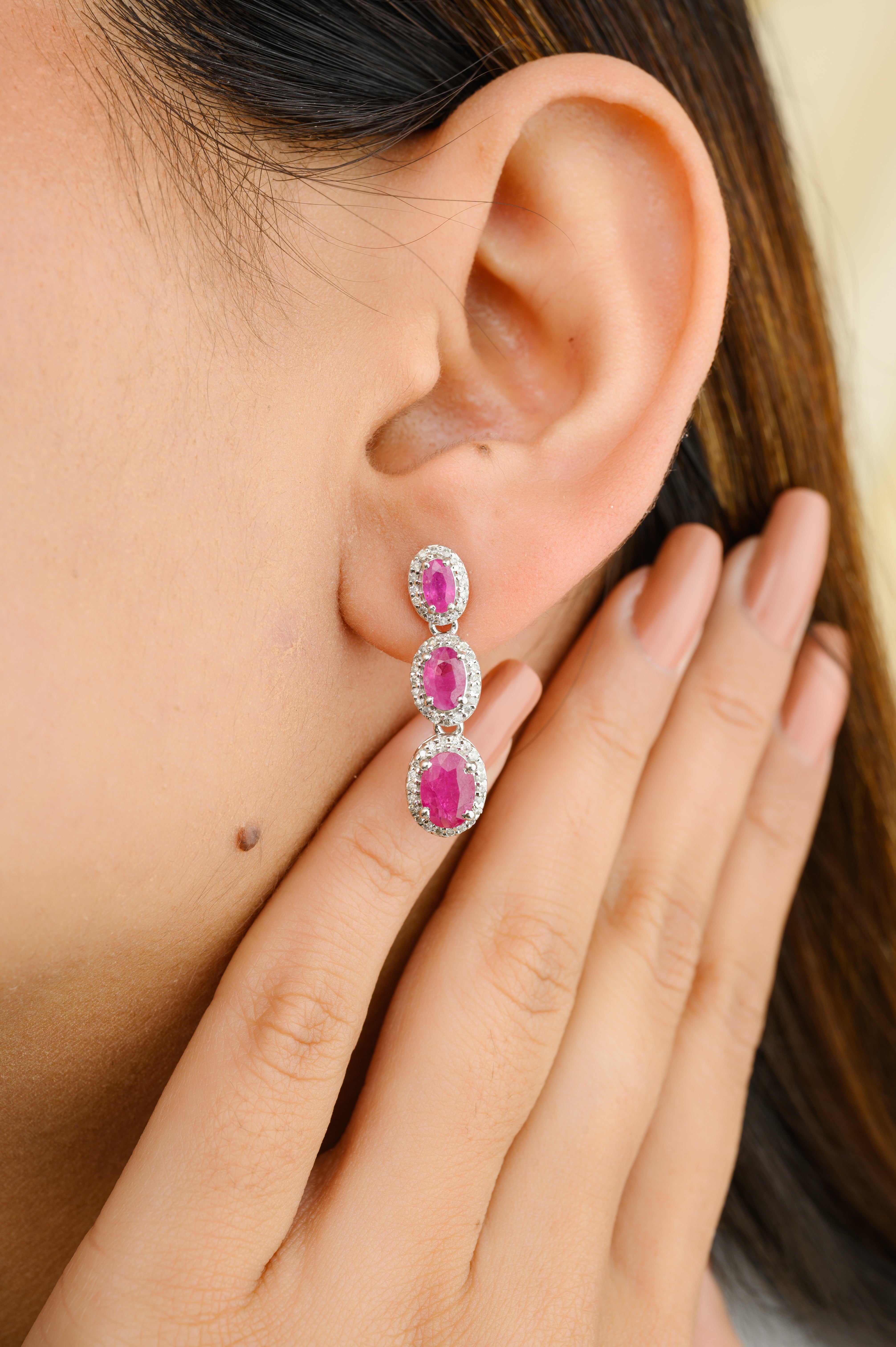 14K Ruby Diamond Dangling Earrings