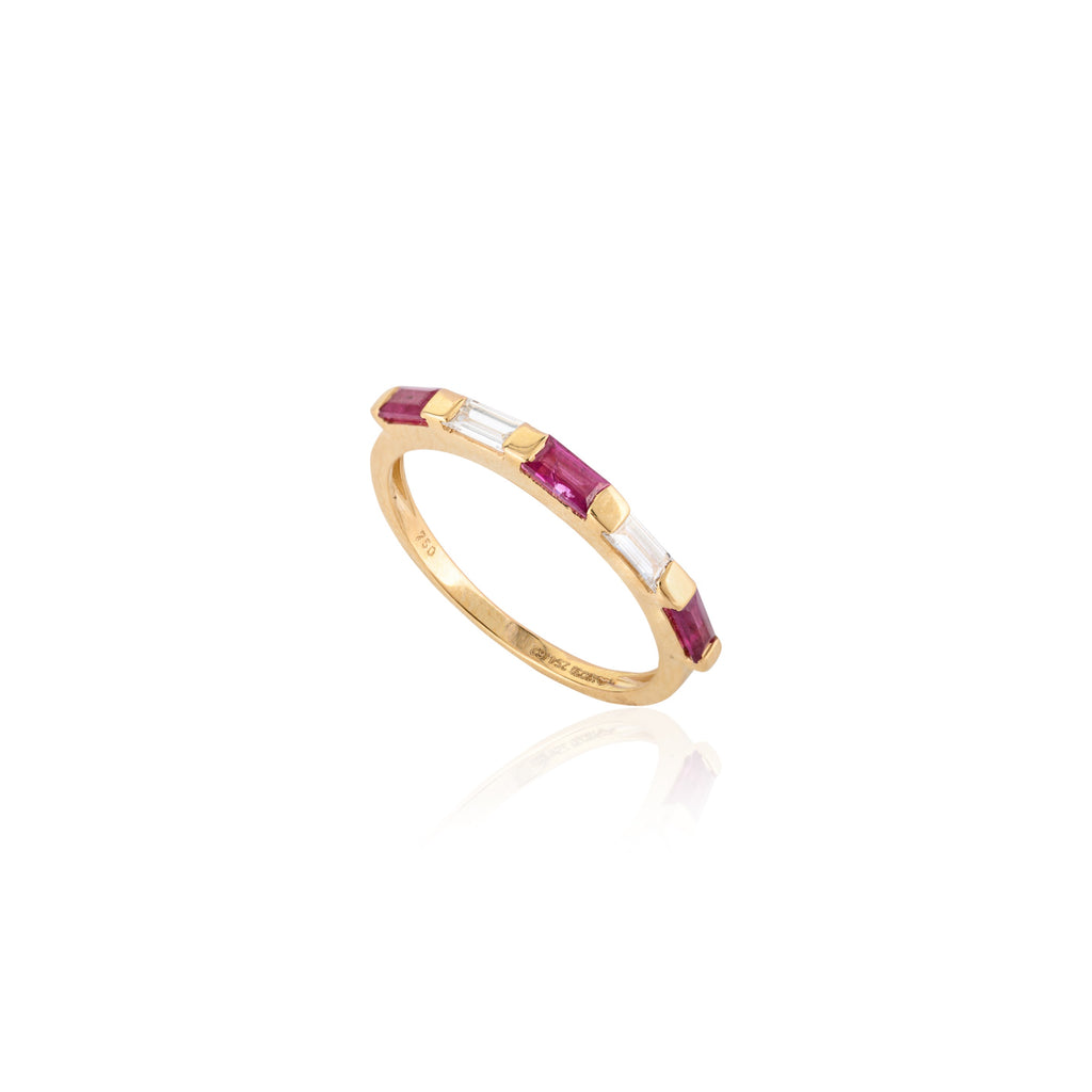 18K Solid Yellow Gold Ruby Diamond Band Ring Image