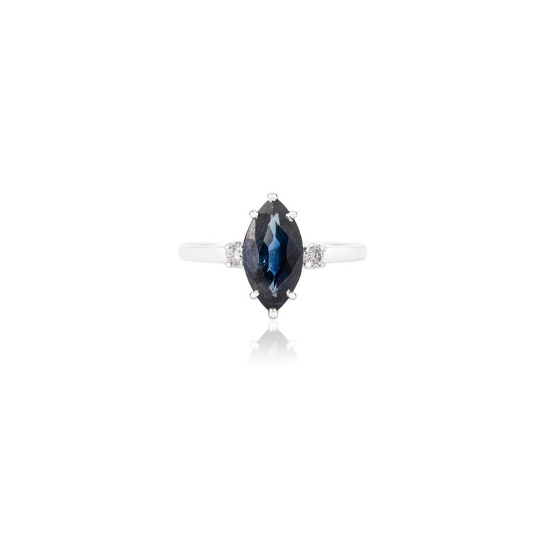 14K Solid White Gold Marquise Sapphire Ring