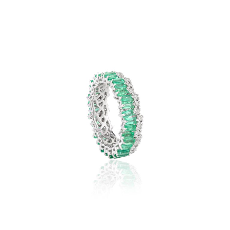 18K Solid White Gold Emerald Diamond Eternity Band