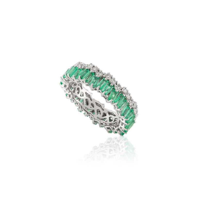 18K Solid White Gold Emerald Diamond Eternity Band