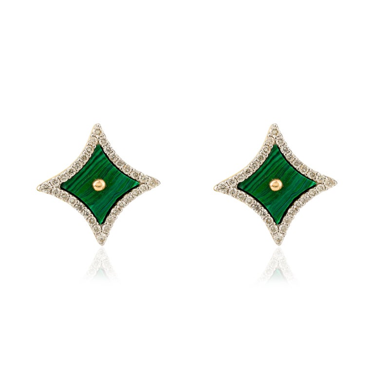 18K Solid Yellow Gold 5.241 Ctw Malachite Sparkle Shape Stud Earrings Image